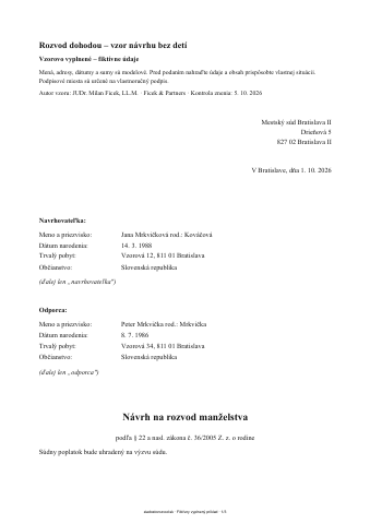 Prvá strana vyplneného vzoru: Rozvod dohodou – vzor návrhu bez detí